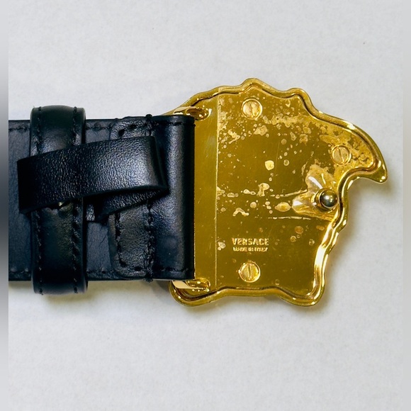 Versace La Medusa Greca Buckle Leather Belt Black 100 Cm DCU4140 Size 34 - Picture 10 of 16